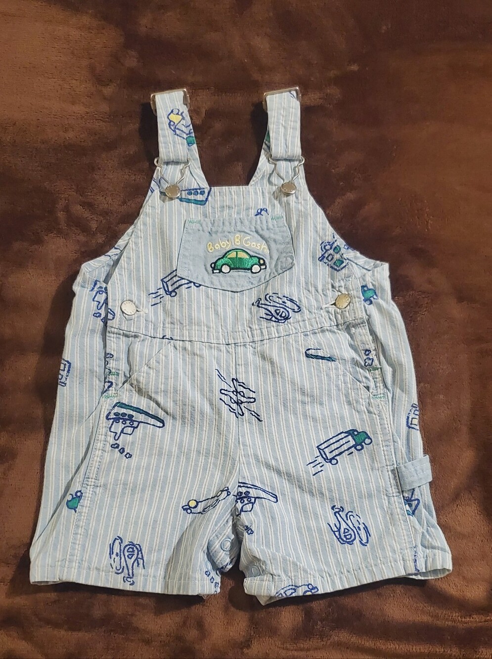 Oshkosh Baby Bgosh Vintage Helicopter Car Truck Print Striped Shortall Size 12 M